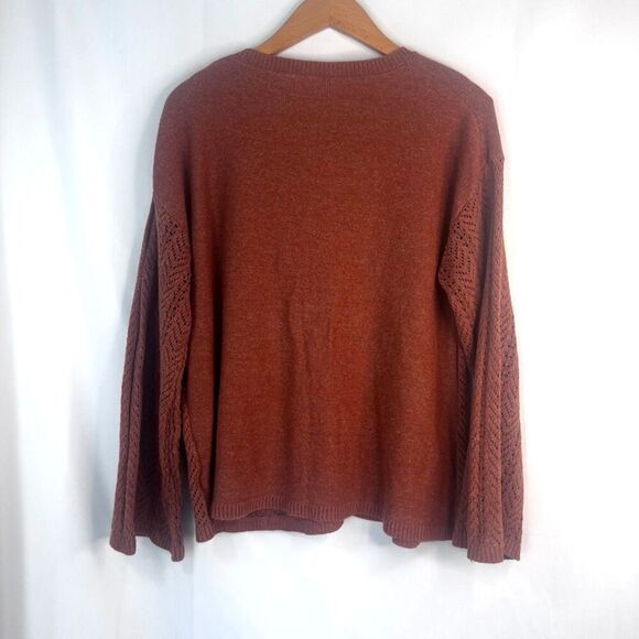 Frye & Co. Orange Open Weave Knit Tassel Vneck Long Sleeve Sweater Large - Picture 2 of 9